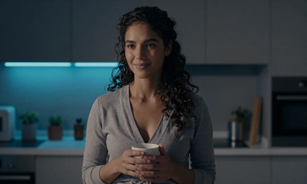Confident size-positive kink personals member resting in a calm evening kitchen