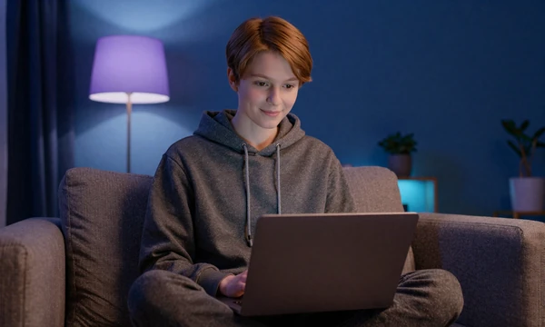 Anonymized kink dating app member with curious comfort level relaxing at home
