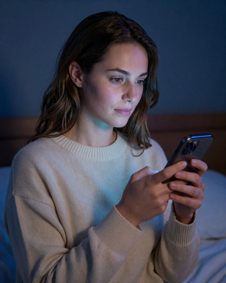 Member browsing a kink dating app profile in soft lavender neon glow at evening