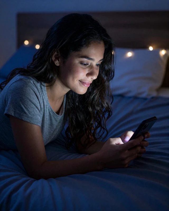 Woman reading a calm message on an inclusive dating app by soft evening light