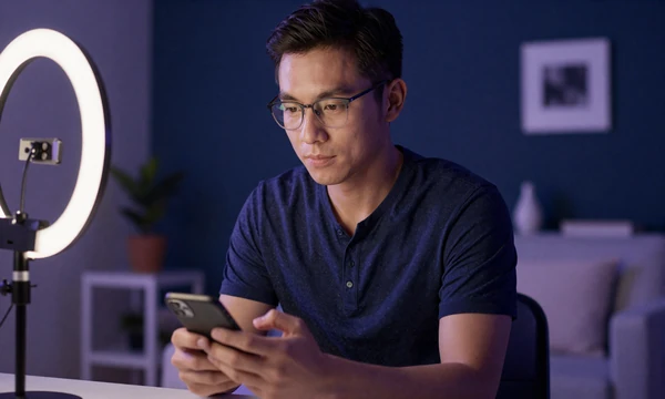 Kink dating app member with open comfort level reading messages in a quiet apartment