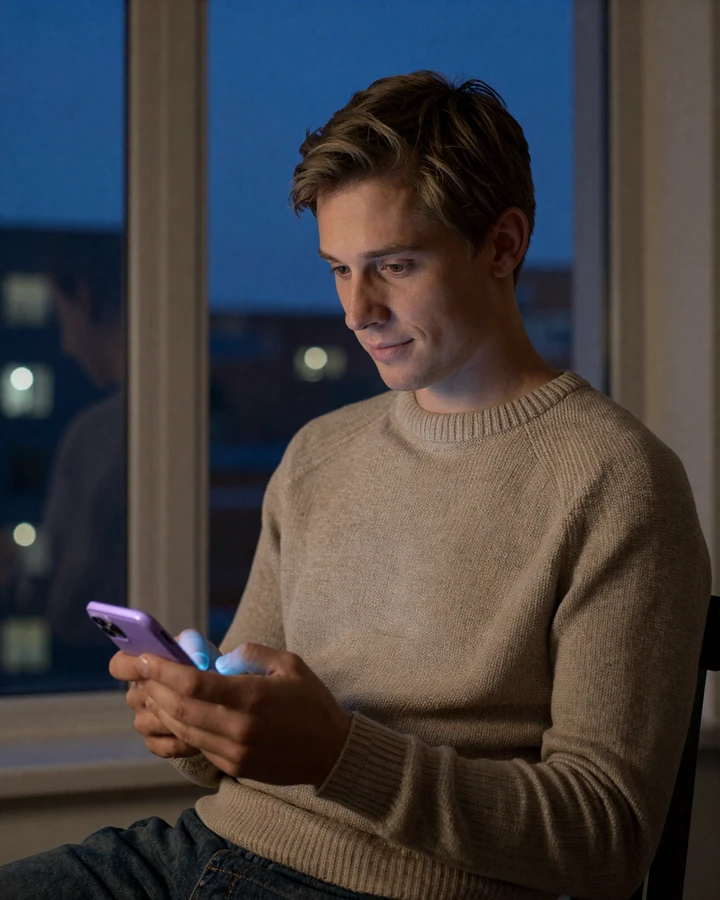 Calm man in evening light using a small penis dating app with anonymous mode on