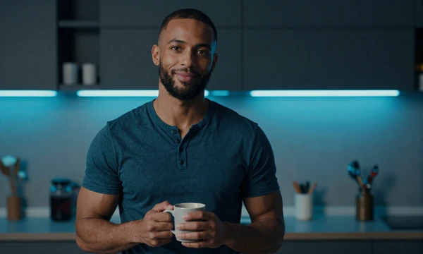 Confident size-positive dating member profile photographed in a calm kitchen setting