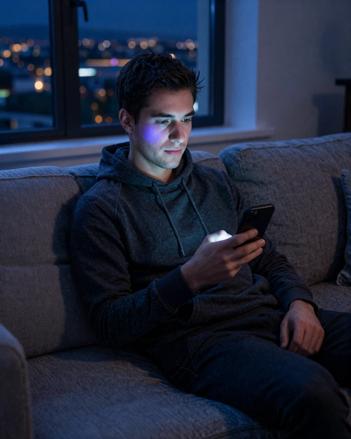 Calm small penis dating app user browsing an anonymous profile in soft evening light